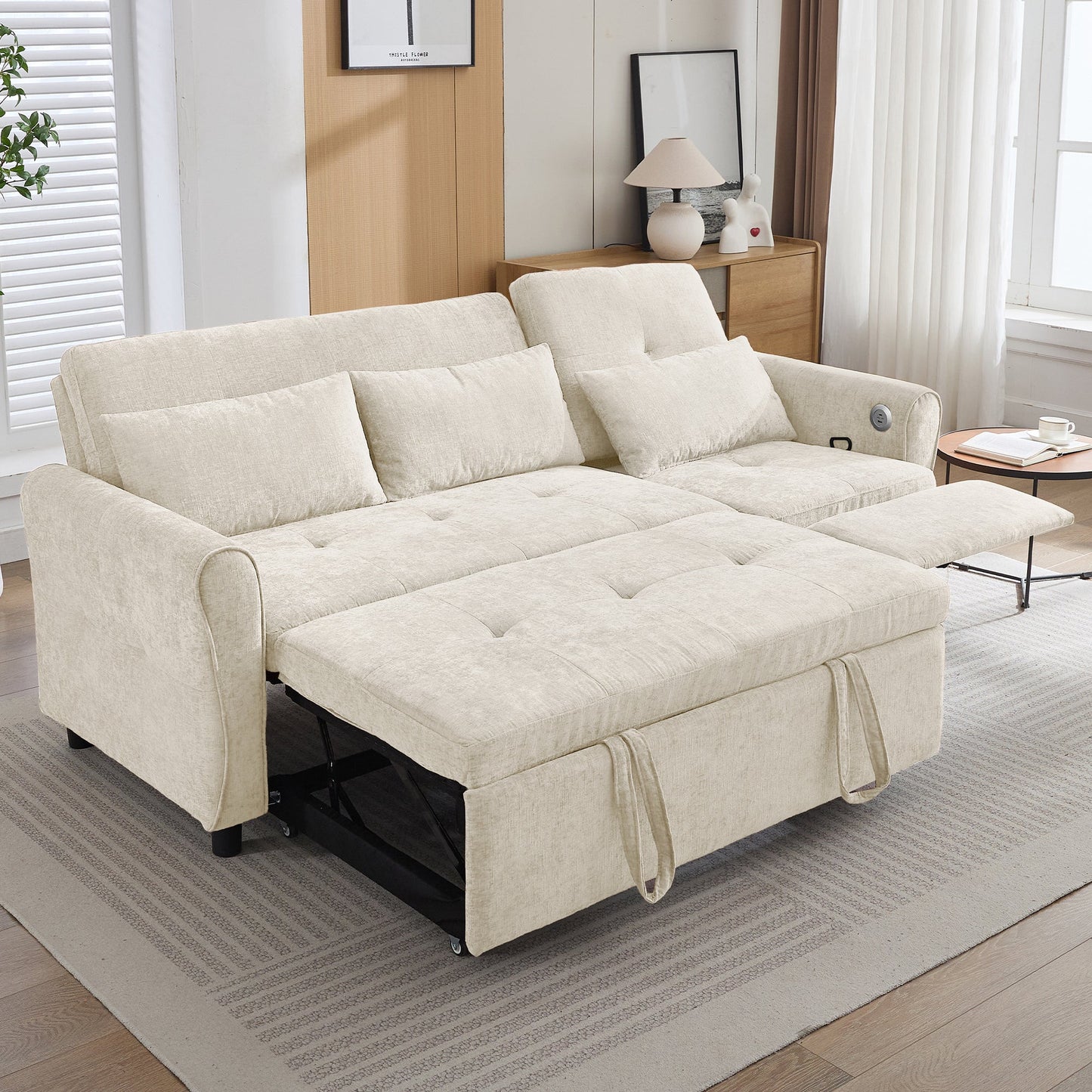 NEW Beige 82' Chenille Upholstered Two-in-One  Three-Seat Sofa with Pull-out Bed