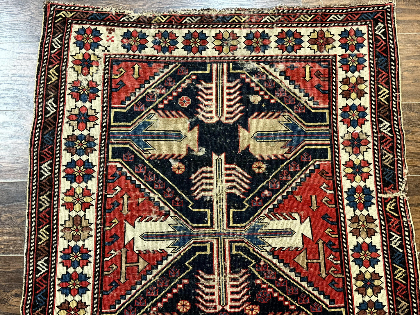 USED Antique Shirvan Caucasian Rug 3x5, Geometric Pattern, Red Navy Blue Beige
