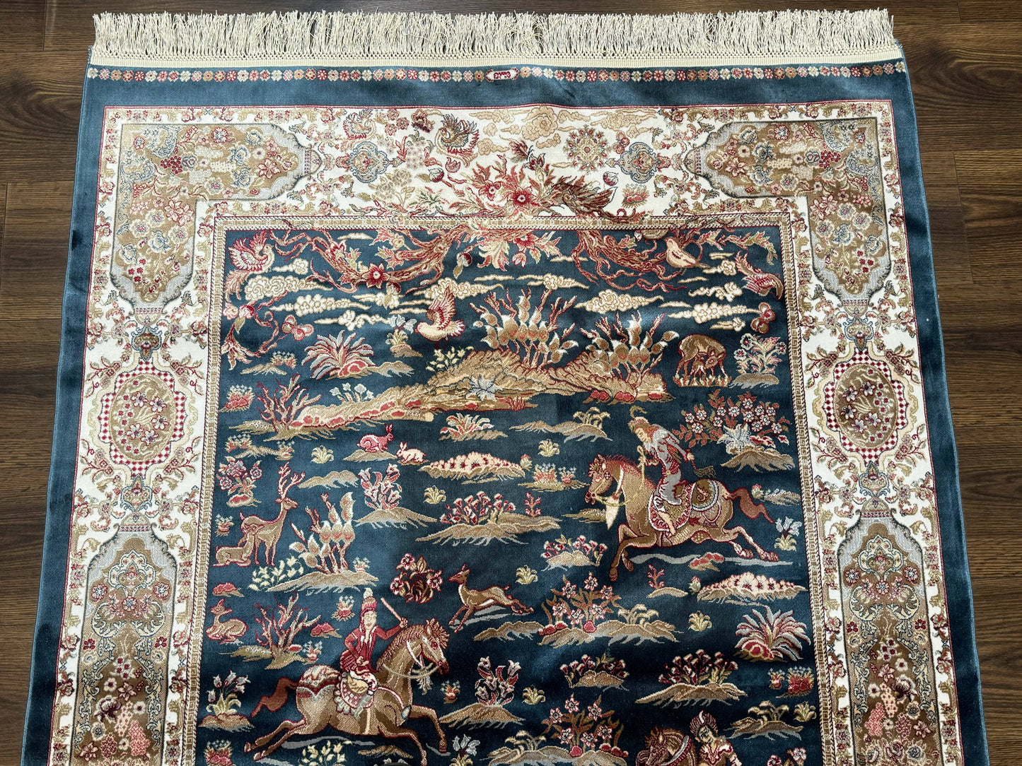 NEW Turkish Silk Hunting Design Rug 4x6, Dark Steel Blue & Ivory, Bamboo Silk