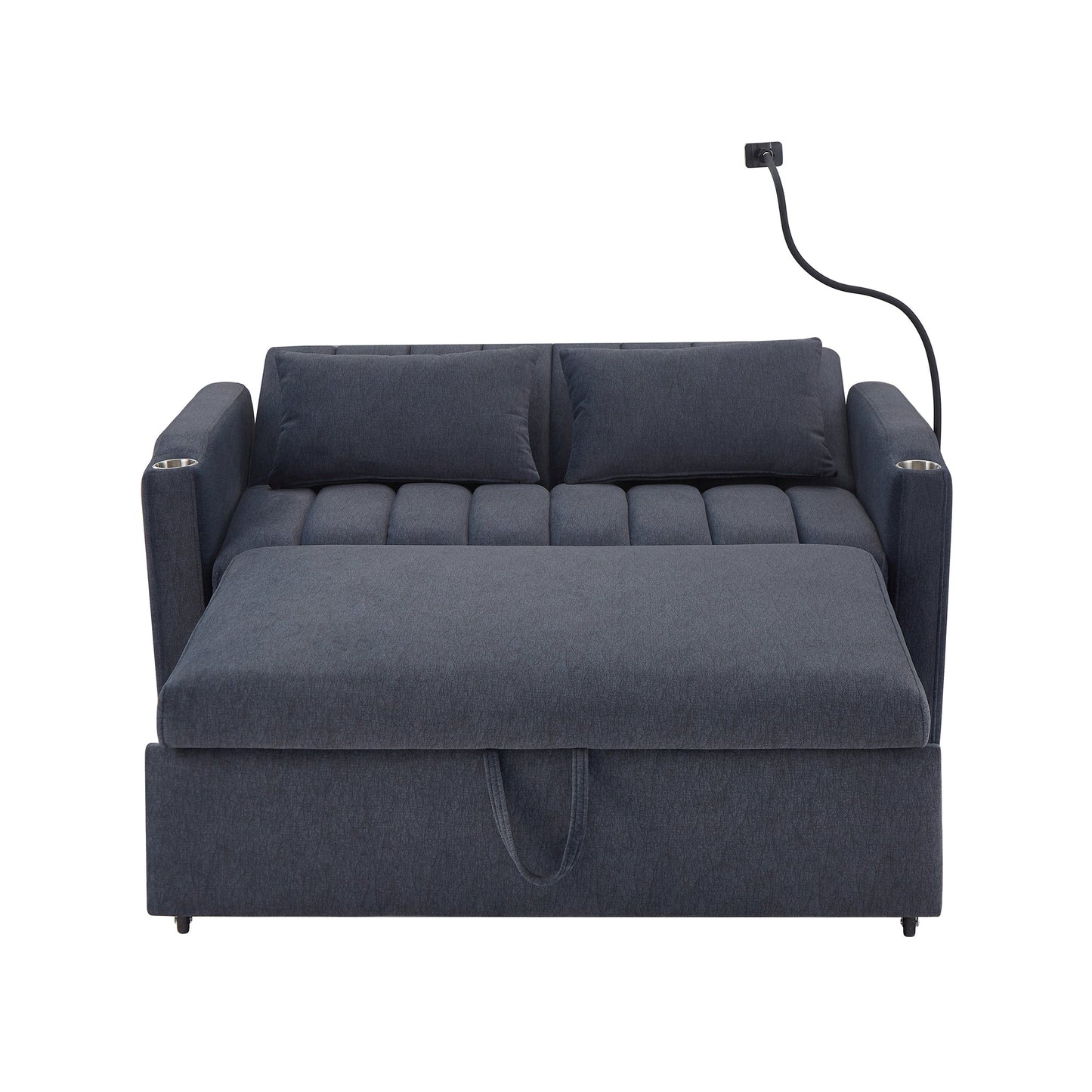 NEW Convertible Sofa Bed Loveseat with USB Ports, Side Pockets, Cup Holders, and Phone Holder in Blue Grey Bella Fabric, 55.9'