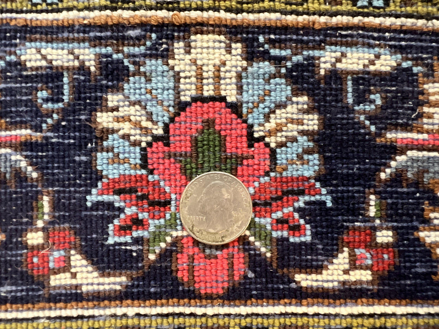 USED Persian Qum Rug 3x5, Wool with Silk Highlights, Handmade Semi Antique Carpet, Ivory & Navy Blue, Floral Medallion, Finely Hand Knotted