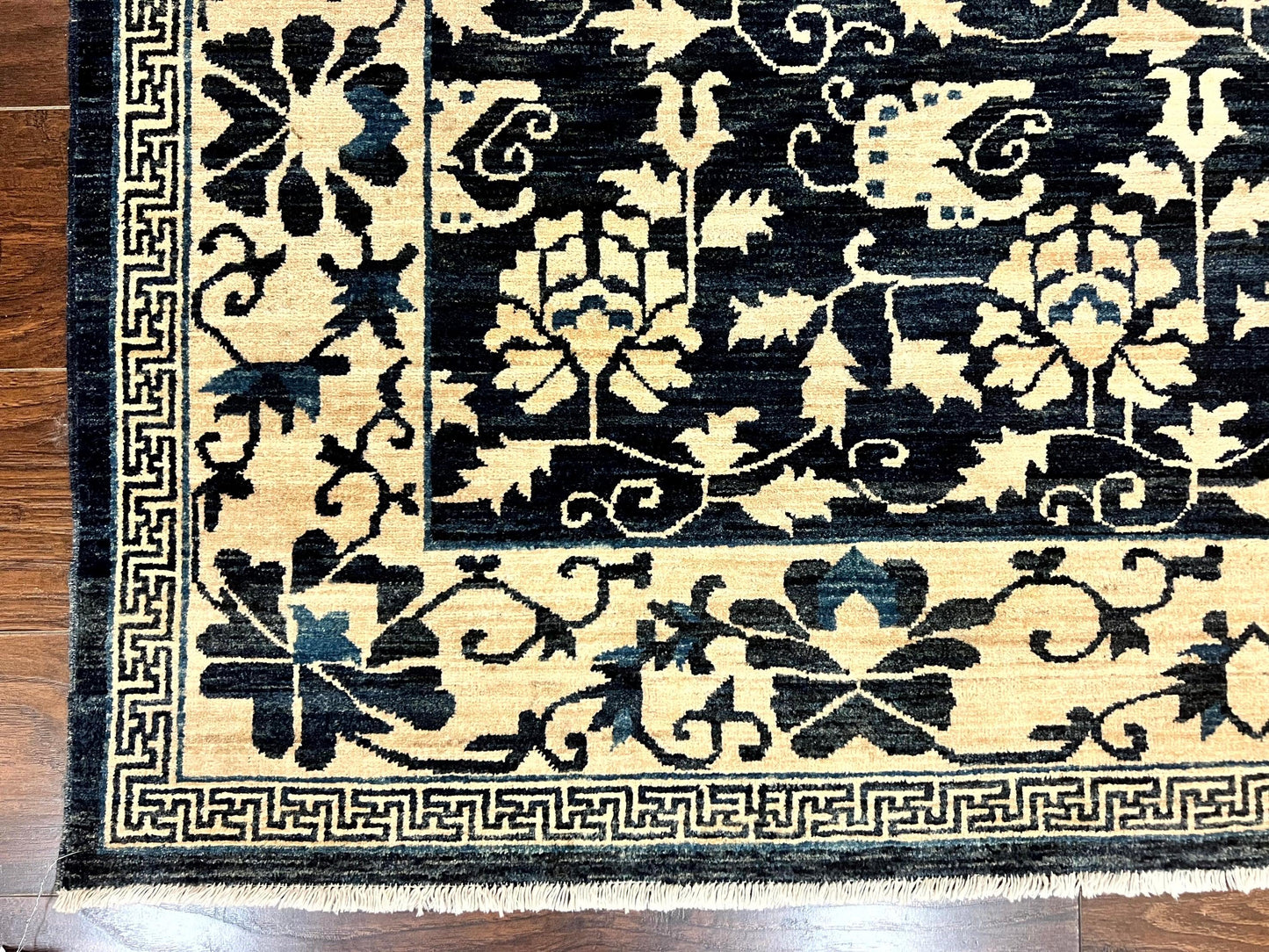 USED Sino Persian Rug 6x9, Hand Knotted Wool Carpet, Floral Allover, Blue Cream-Tan