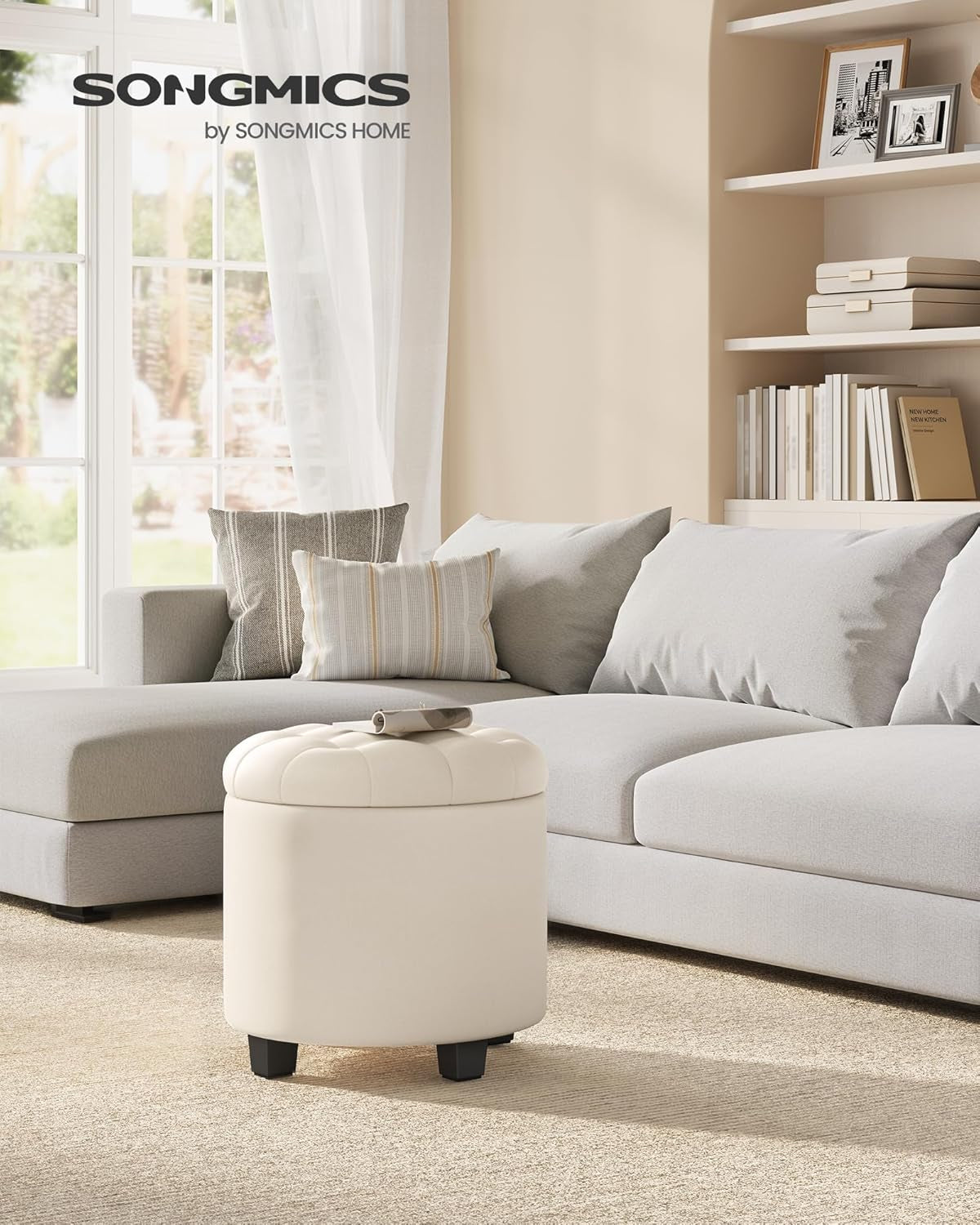 NEW Round Ottoman With Durable Storage Linen-Look Beige