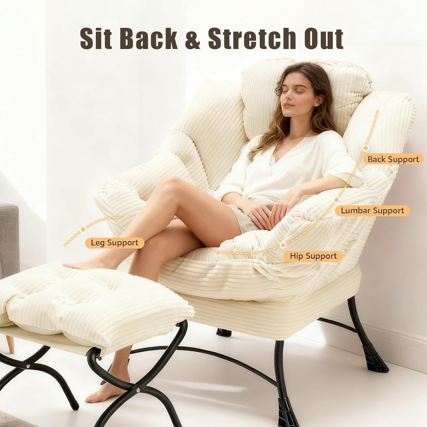 NEW Large Corduroy White Armchair With Ottoman Footrest