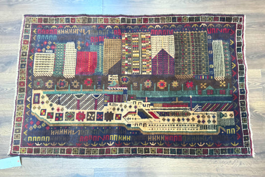 USED Balouch Rug 3x5, Afghan Carpet, City Pictorial