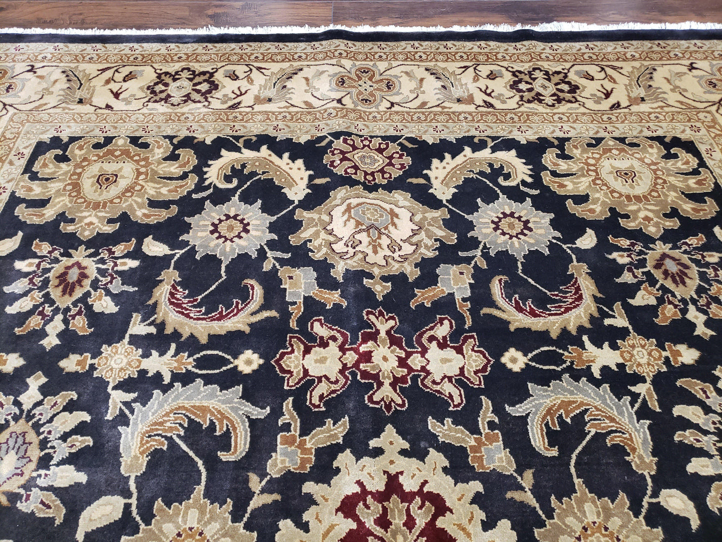 USED Indo Mahal Rug 8x12, Indian Sultanabad Handmade Area Rug, Vintage Hand-Knotted Wool Black Floral Traditional Oriental Dinning Room Rug