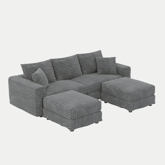 82.7 ' Plush Corduroy 3-Seat Sofa, Modern Comfy Upholstered Sofa Cloud Couch, Deep Seat Couches with Soft Pillows and 2 Ottomans, Convertible Sofa Lounge Chair, for Living Room,Apartment,Office,Grey