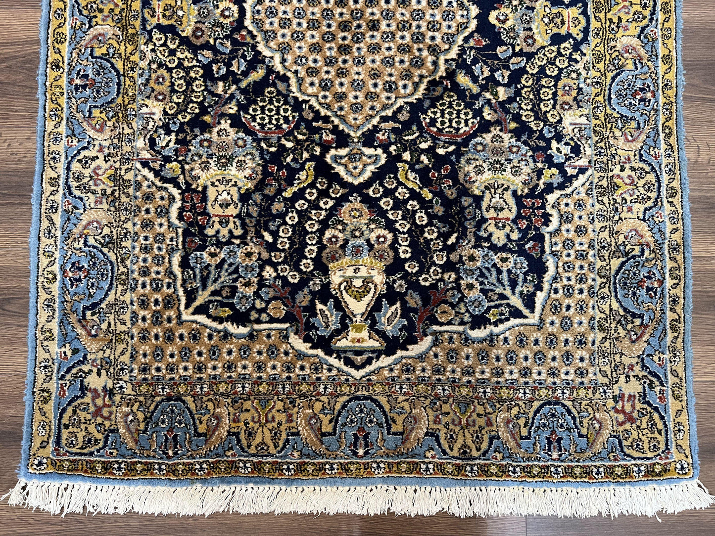 USED Fine Persian Qum Rug 3x5, Semi Antique Vintage Oriental Ghom Carpet, Floral Medallion, Highly Detailed, Hand Knotted, Navy Blue, Wool Area Rug, Birds