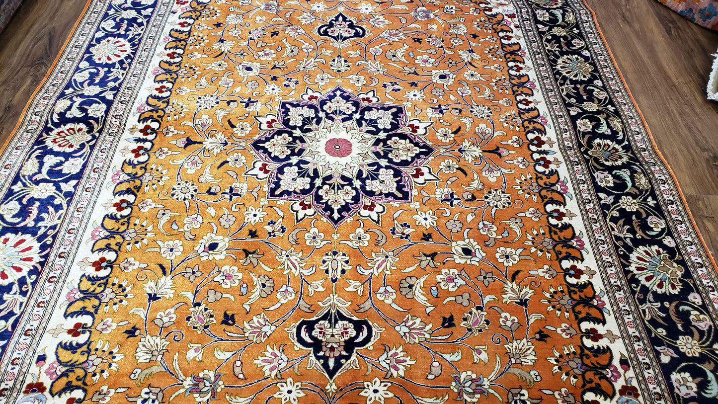 USED Vintage Persian Qum Silk Rug 4.6 x 6.7, Burnt Orange and Navy Blue, Antique Oriental Very Fine Signature Master Weaver 350+ KPSI Ghom Qom 5x7 Rug