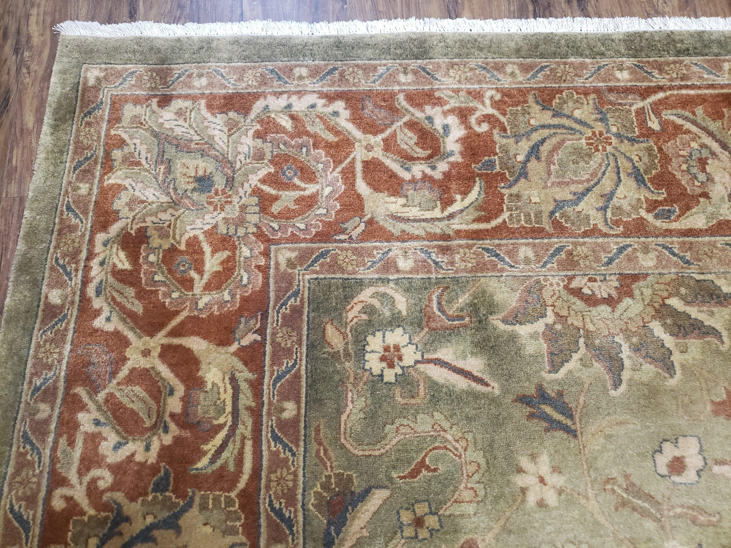 USED Vintage Indo Mahal Area Rug 9x12, Wool Hand-Knotted Laurel Green & Auburn Indian Carpet, 9 x 12 Floral Carpet, Living Room Rug