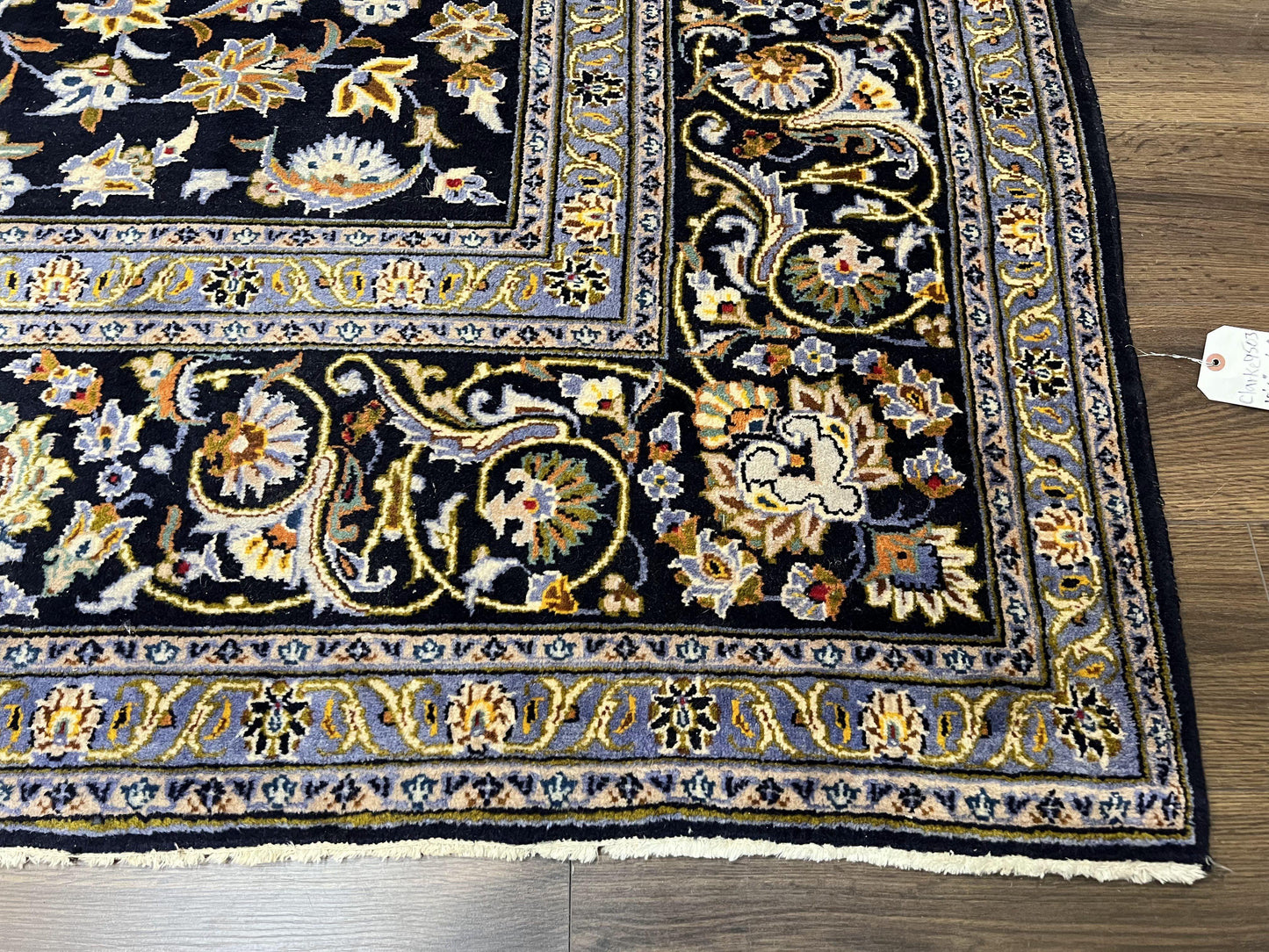 USED Wonderful Navy Blue Persian Kashan Rug 11x13, Allover Floral Design with Central Medallion, Wool Hand-Knotted Antique Carpet, Signed Rabani Rug