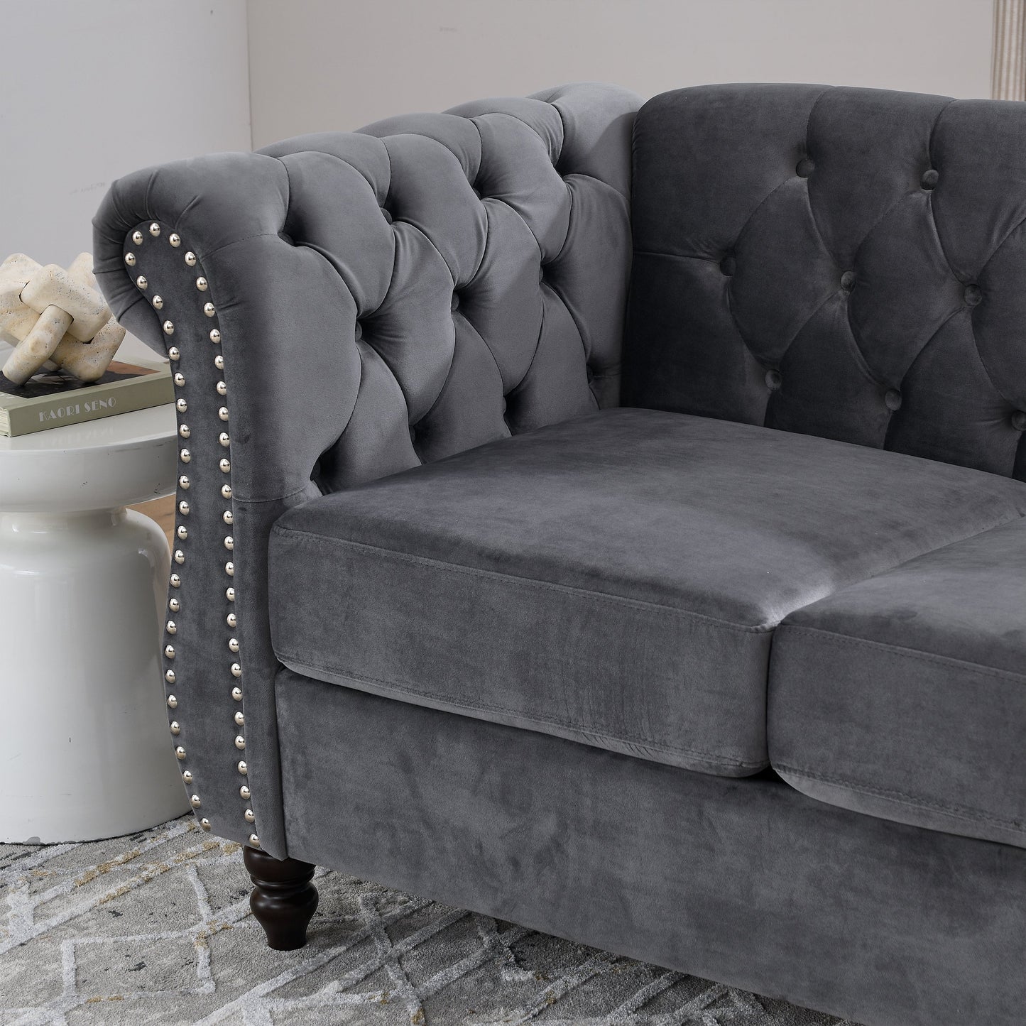NEW 58.8' Chesterfield Sofa Grey Velvet for Living Room, 2 Seater Sofa Tufted Couch with Rolled Arms and Nailhead for Living Room, Bedroom, Office, Apartment, two pillowsW834S00069