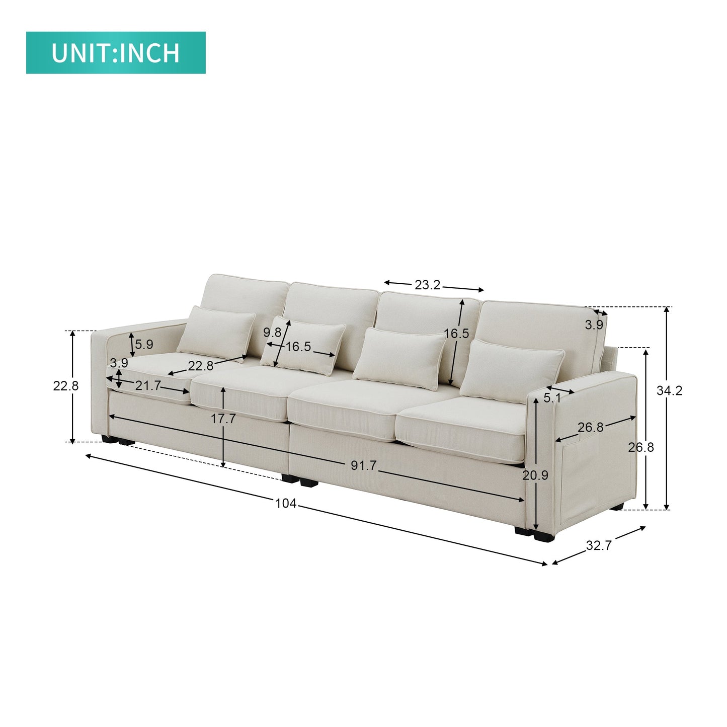 NEW 104' Four Seater Modern Linen Fabric Sofa Couch with Armrest Pockets and 4 Pillows