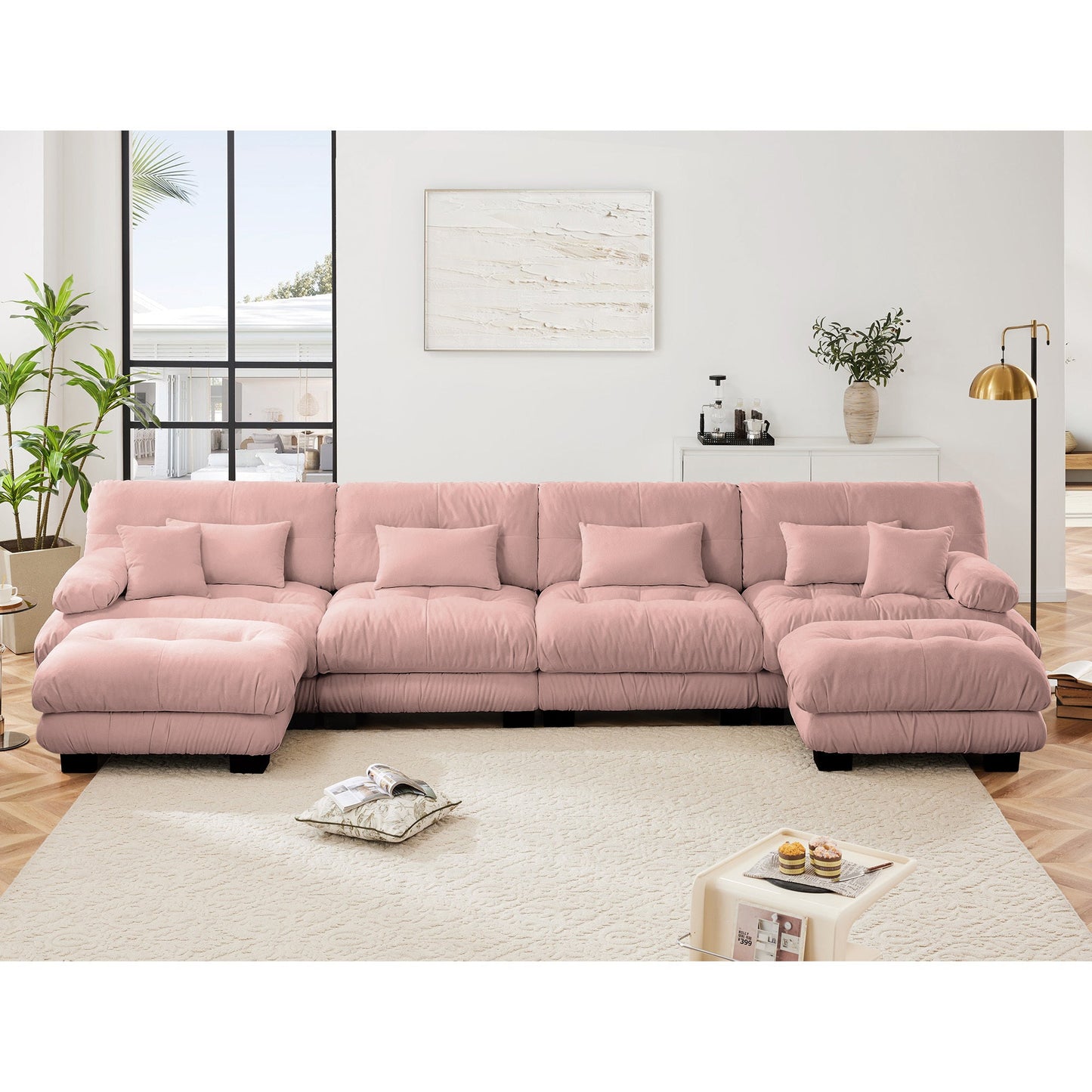 NEW Pink Chenille Free Combination Modular Sectional U Shaped Sofa Comfy Four Seater Couch with 2 Ottomans