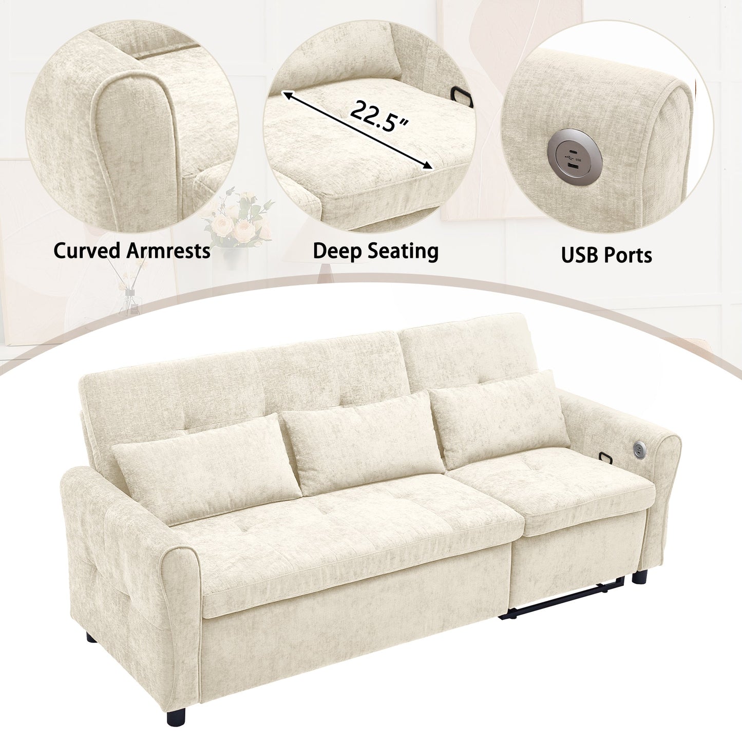 NEW Beige 82' Chenille Upholstered Two-in-One  Three-Seat Sofa with Pull-out Bed