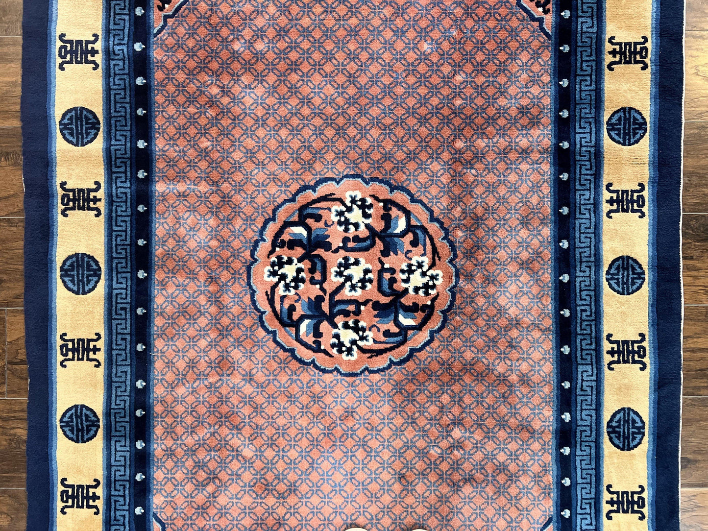 USED Chinese Peking Rug 5x8, Vintage Semi Antique Chinese Art Deco Carpet, Wool Pile Light Red/Salmon Gold Navy Blue, Handmade Asian Oriental Rug