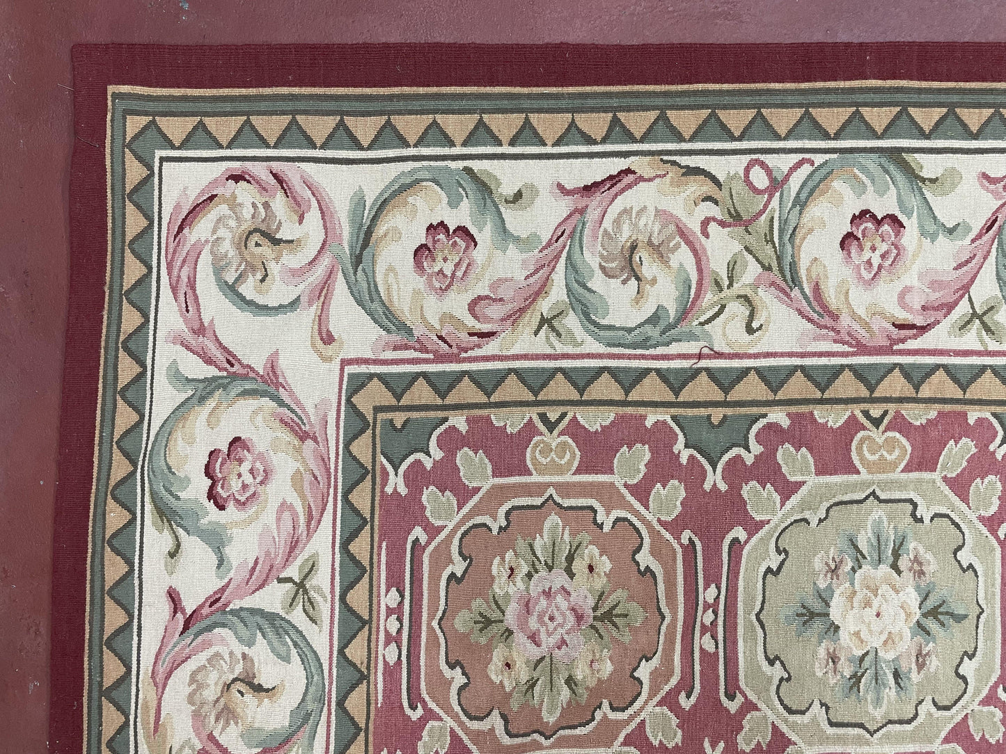 USED Square Aubusson Rug 9x9, Panel Design, European French English Carpet, Wool