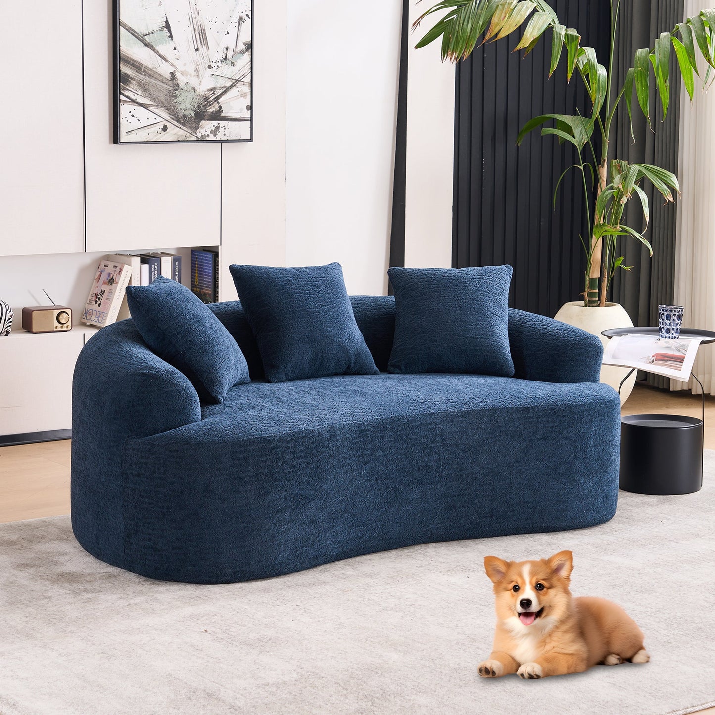 NEW LY-025S Chenille  Curved Loveseat Blue Full Compression Sponge Sofa with 3 Pillows