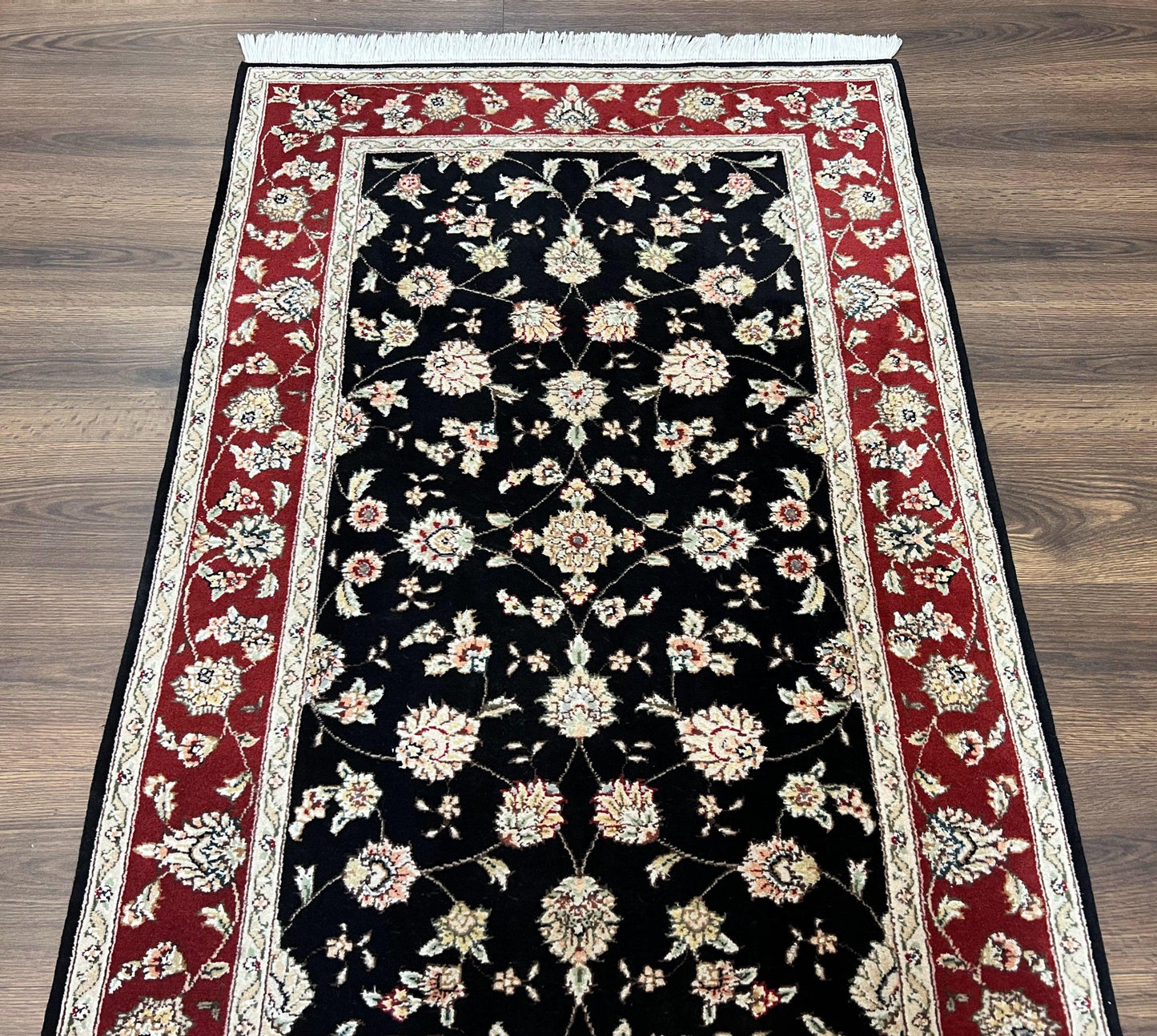 USED Pak Persian Rug 3x5, Black and Red, Floral Allover, Vintage Hand Knotted Wool Oriental Carpet, Pakistani Rug, Small Handmade Area Rug 3 x 5