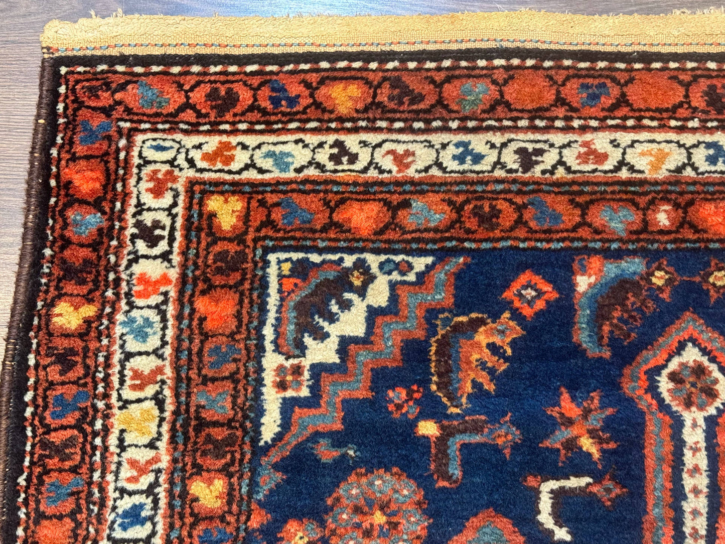 USED Antique Persian Hamadan Rug 4x6, Geometric, Double Medallions, Navy Blue, Tribal Carpet