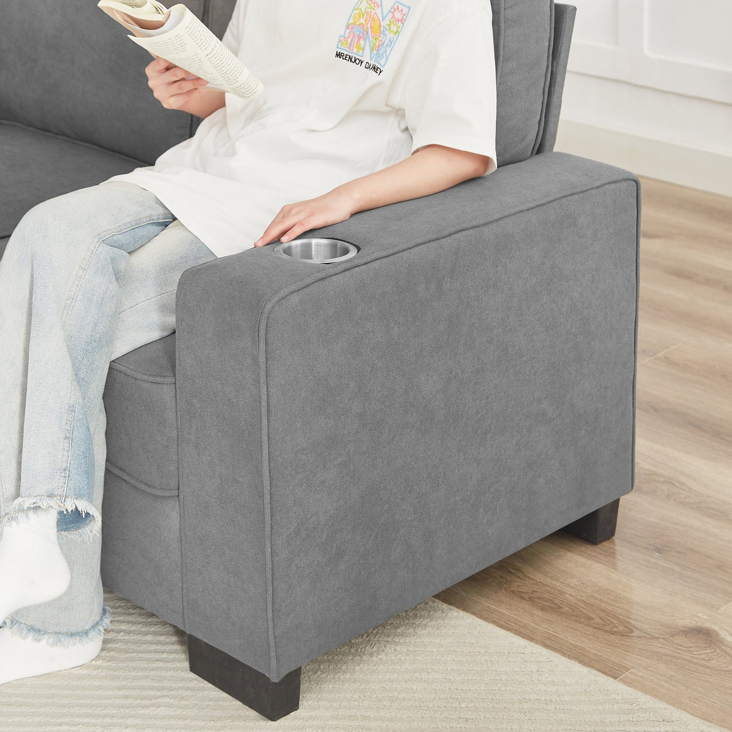 NEW Modern Snow Fleece Fabric 3-Seater Sofa with Cup Holders in Gray