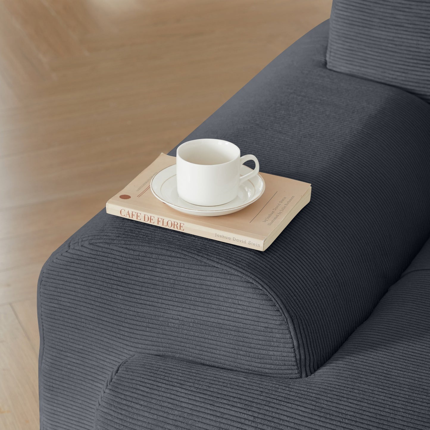 NEW Modern L-Shaped Modular Sectional Sofa with Corduroy Upholstery in Dark Gray, Oversized 3-Seater Couch with Deep Seat and Movable Ottoman – No Assembly Required