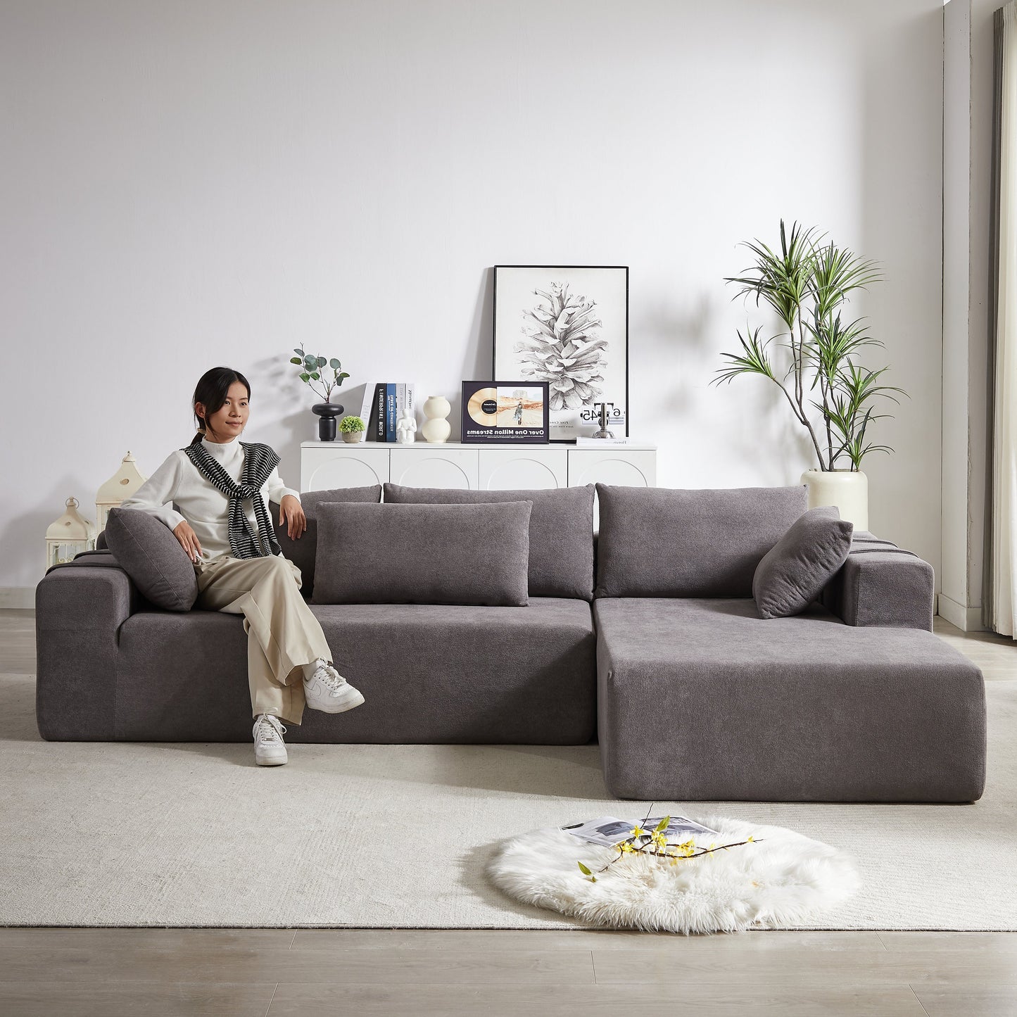 NEW Modern Chenille Upholstered Modular L Shaped Sectional Sofa Couch Set L Shaped Sectional Sofa Couch Set with Six Pillows