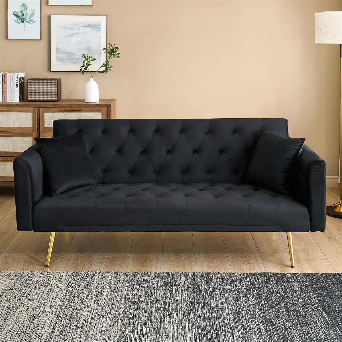 NEW 71-inch American Retro Style Black Velvet Foldable Double Sofa