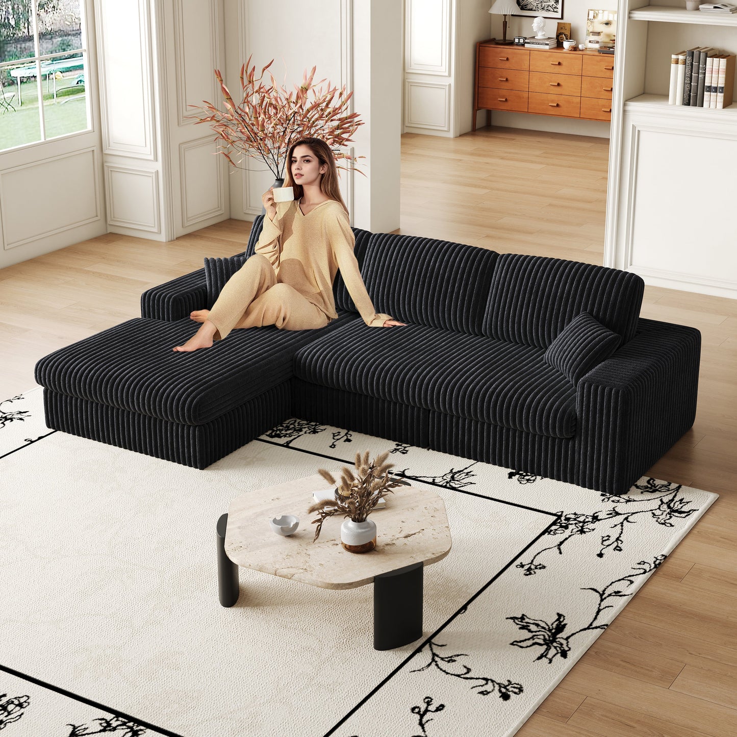 NEW 114.5' Modern Corduroy Modular Foam Sofa Recliner Seat Reversible 2-in-1 Sofa Recliner L-Shaped Combination with Three Cushion Neck Pillow Combination and Two Throw Pillows