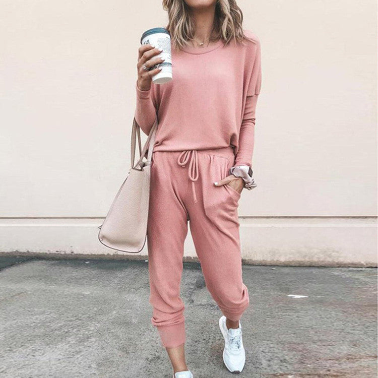 New Women's Long Sleeve Suit Fashion Pullover Top And Pockets Drawstring Long Pants Solid Color Casual Sports Trouser Suit Clothing