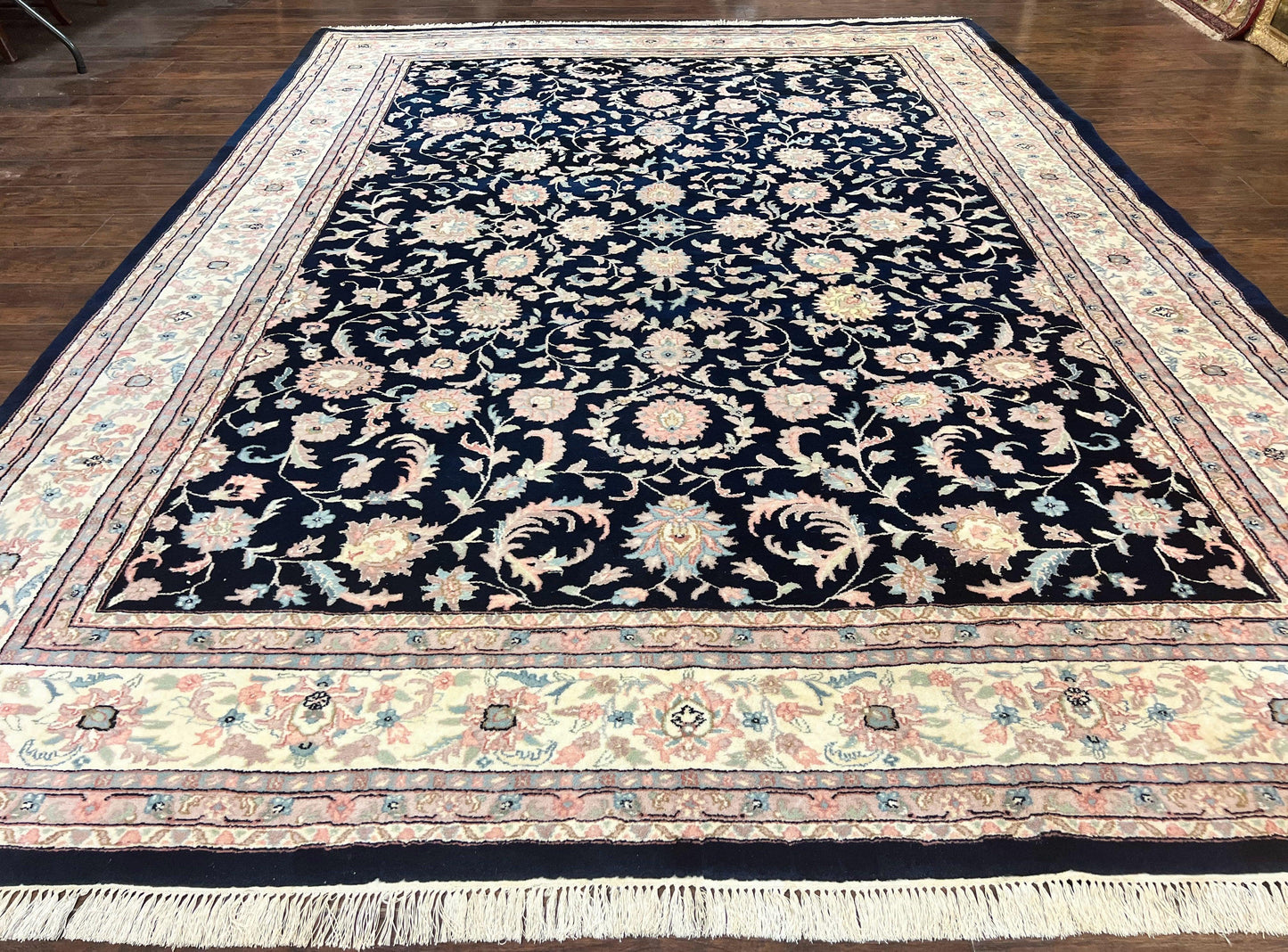 USED Indo Persian Rug 9x12, Navy Blue and Ivory/Cream, Floral Allover, Wool Vintage Handmade Carpet