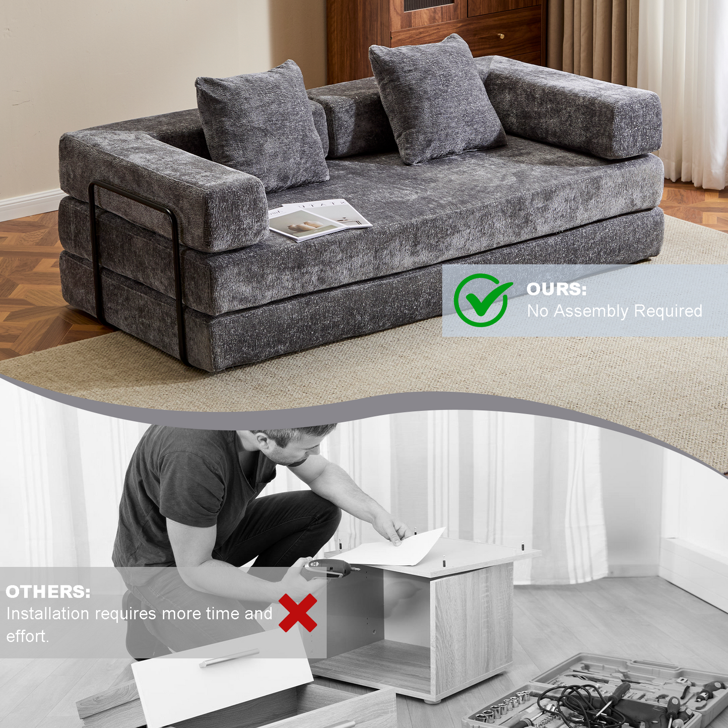 NEW Floor Couch,Compression Sofa,Convertible Floor Sofa Bed-with Pillow Back Support Armrest,Comfy Futon Couch Lounge Sleeper Bed,Chenile fabric,for Living Room Bedroom (DARK-GREY)