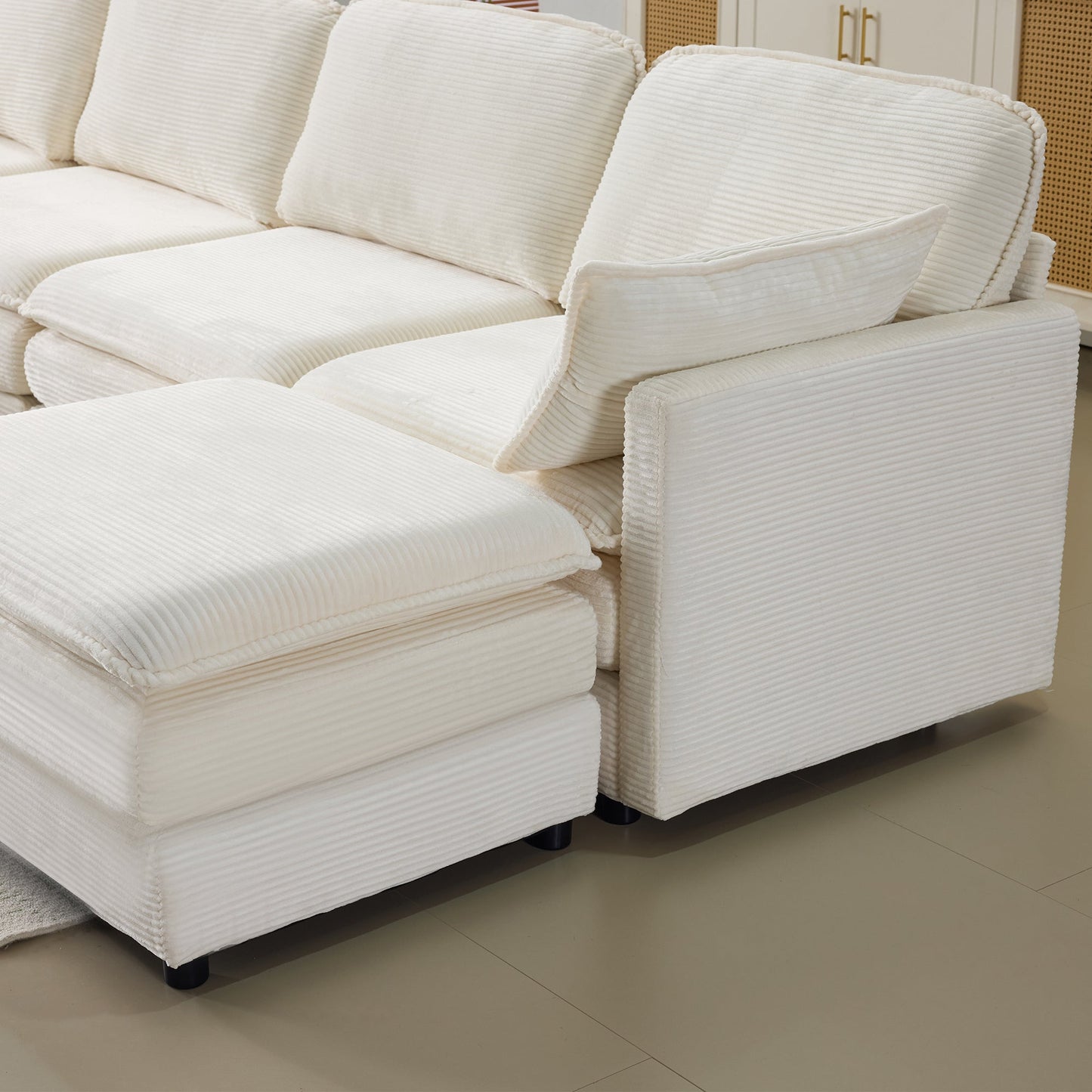 NEW 136' Plush Cloud 3-seater Sofa: Modular 4-seater Sofa + 2 Footstools with 22' Beige Chenille Cushions + 2 Throw Pillows - Compact Size for Apartment, Living Room, Bedroom (Beige)