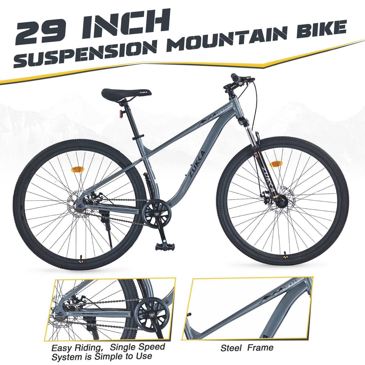 NEW 29 Inch Wheels Single Speed Mountain Bike, for Men Women Boys and Girls, Front Suspension, Steel Frame