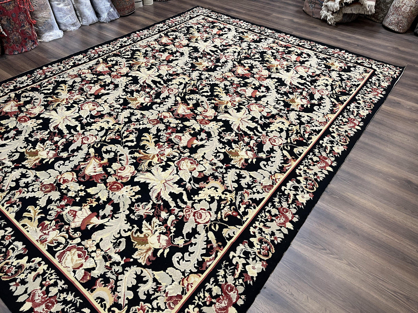 USED Wool Needlepoint Rug 9x12, William Morris Vintage Chinese Needlepoint Carpet 9 x 12, Handwoven, Allover Floral Area Rug, Black Light Green