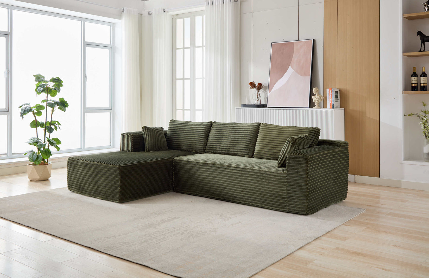 NEW Compression Sectional Couch with Comfy Chaise, Boneless L Shape Sofa with Deep Seat, Minimalist Modular Couches Sleeper for Living Room Bedroom Apartment Lounge,corduroy,Green