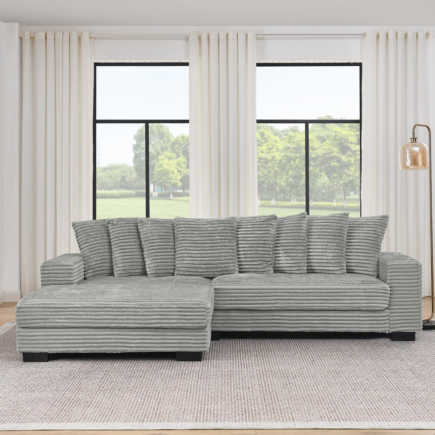 NEW Gray Corduroy Tufted Upholstered Sleeper Sectional L-Shaped Modular Convertible Sofa