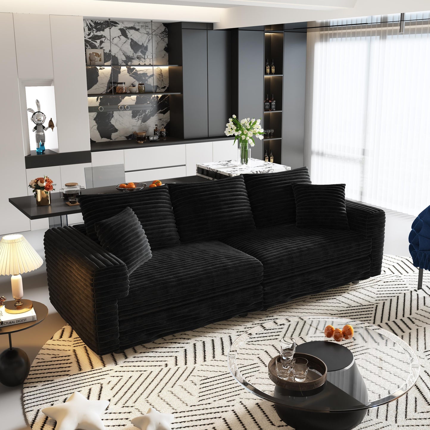 NEW 82.7' Black Plush Corduroy Deep 3-Seat Modern Comfy Upholstered Sofa Couch