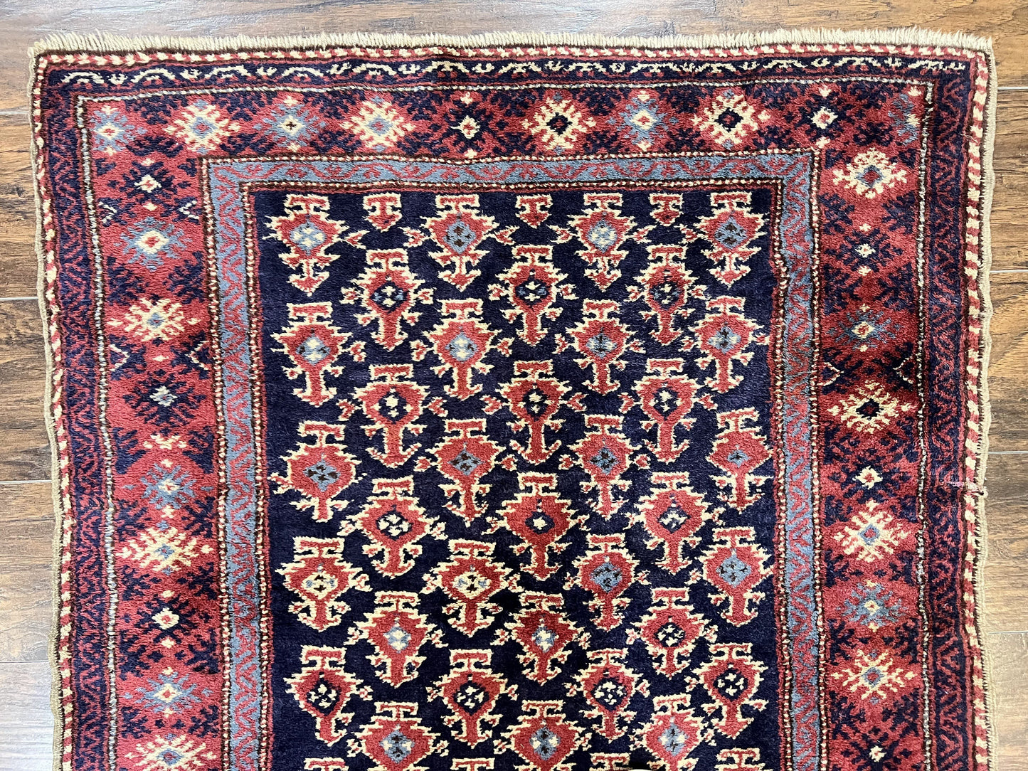 USED Turkish Sparta Rug 3x4, Allover Pattern, Navy Blue and Red, Antique Ispara Oriental Carpet 3 x 4, Small Turkish Handmade Vintage Wool Rug