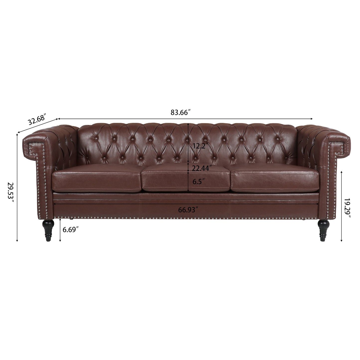 NEW Traditional Dark Brown 3 Seater Sofa with Removable Cushions and Square Arms in PU Material