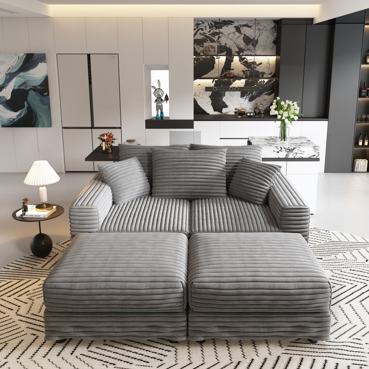 82.7 ' Plush Corduroy 3-Seat Sofa, Modern Comfy Upholstered Sofa Cloud Couch, Deep Seat Couches with Soft Pillows and 2 Ottomans, Convertible Sofa Lounge Chair, for Living Room,Apartment,Office,Grey