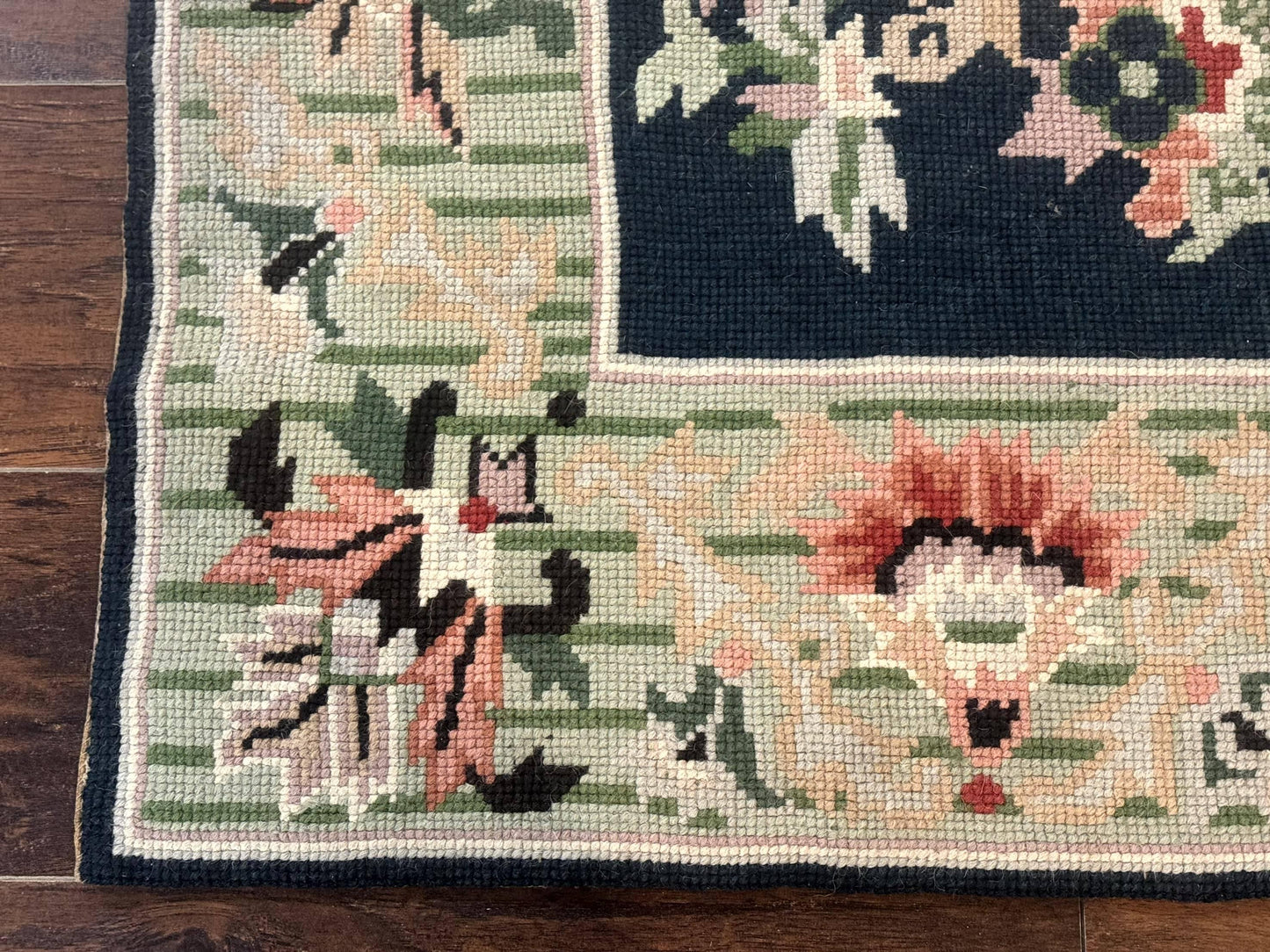 USED Vintage American Needlepoint Rug 4x6, Dark Green, Wool, Handmade, Flatweave Carpet