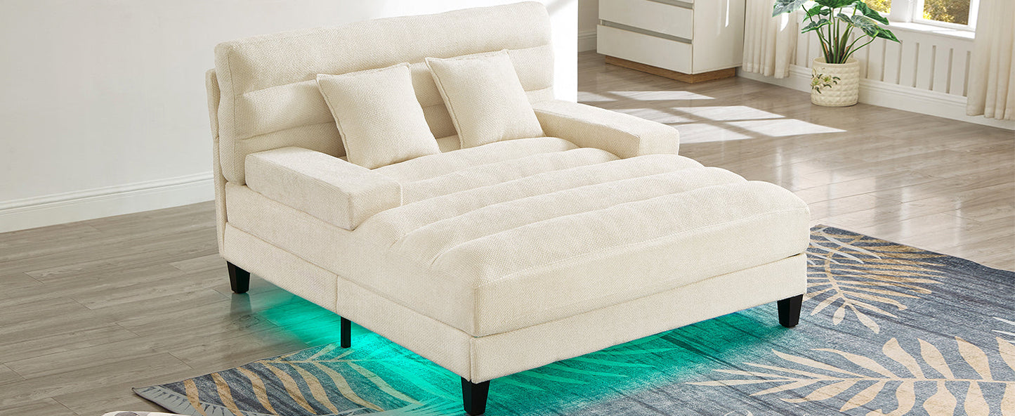 NEW Modern Beige Chaise Lounge Sofa 57.1' Bed Chenille Upholstered Lounge Chair with Adjustable Backrest and LED Light Strip