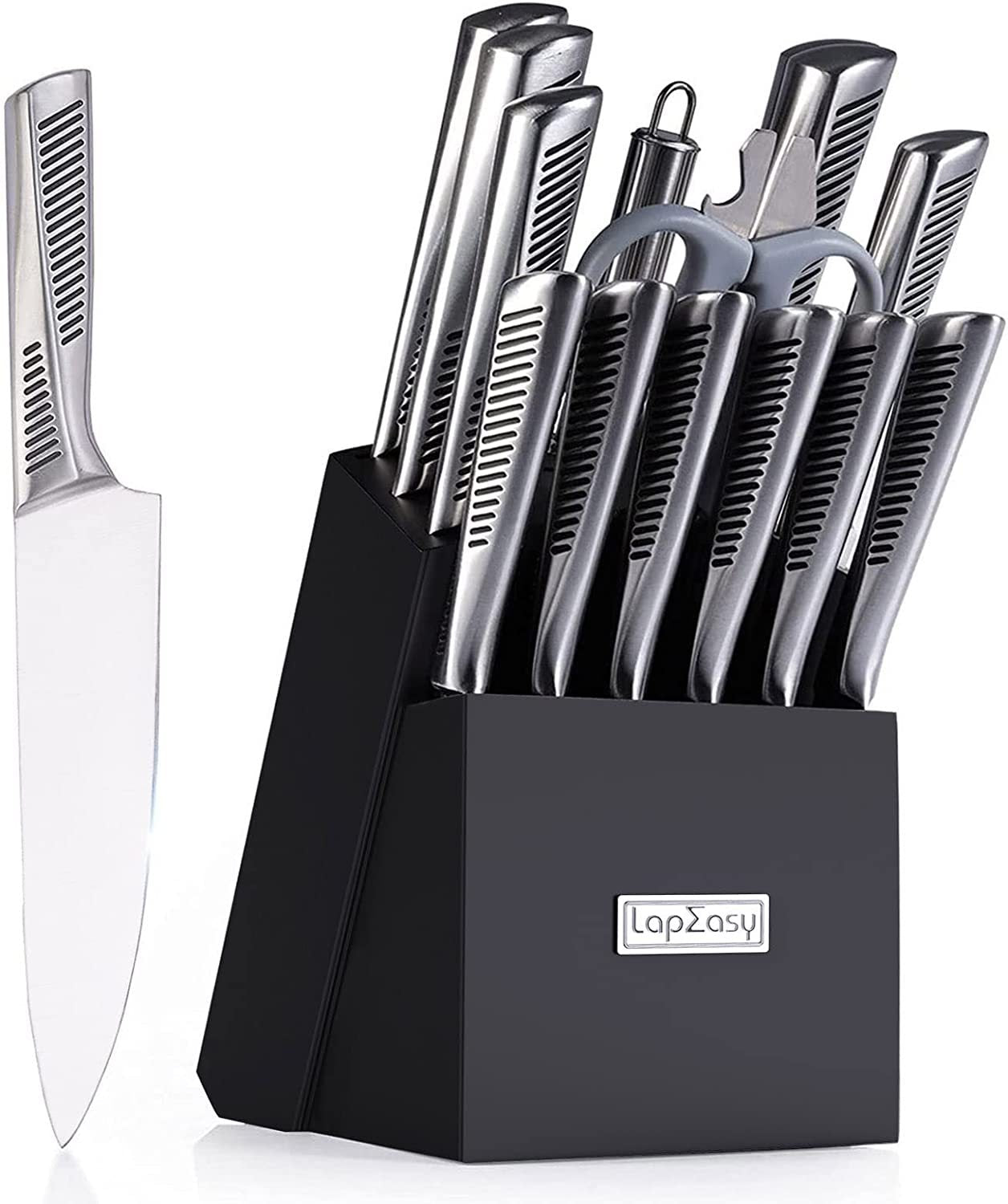 NEW Kitchen Knife Set. LapEasy 15 Piece Knife Sets With Block Chef Knife Stainless Steel Hollow Handle Cutlery With Manual Sharpener