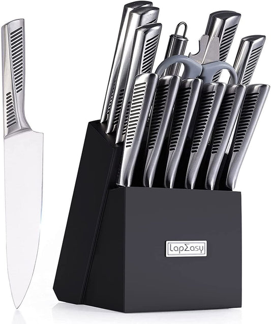 NEW Kitchen Knife Set. LapEasy 15 Piece Knife Sets With Block Chef Knife Stainless Steel Hollow Handle Cutlery With Manual Sharpener