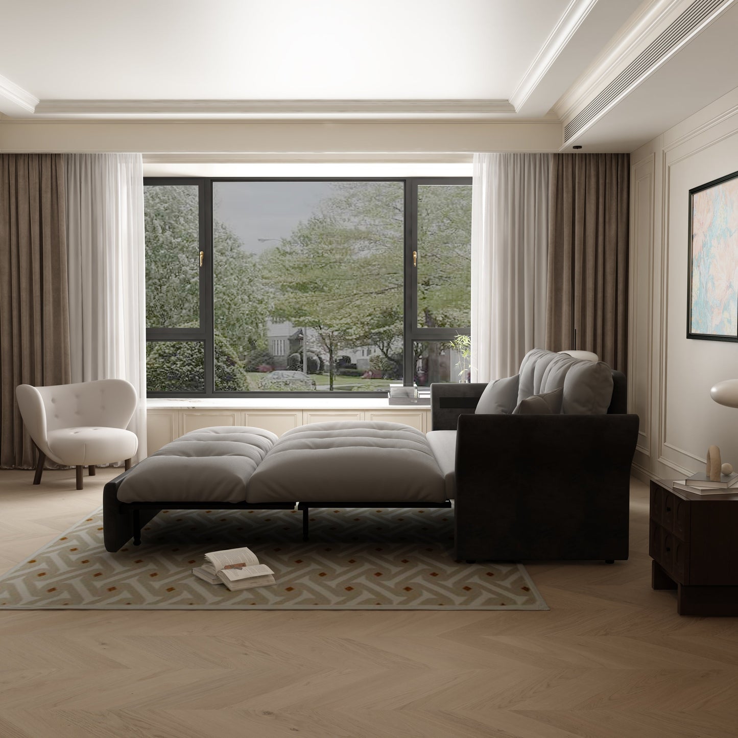 NEW Multi-Functional Loveseat 74.8' Queen Pull Out 3-in-1 Convertible Sleeper Tufted Sofa Bed with 2 Soft Pillows