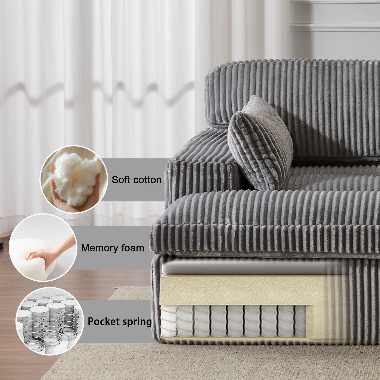 NEW Indoor Grey Corduroy Oversized Upholstered Double Chaise Lounge Chair Oversized Upholstered Sleeper Cloud Couch Deep Seat Luxury Sectional Sofa Bed Chaise Lounge