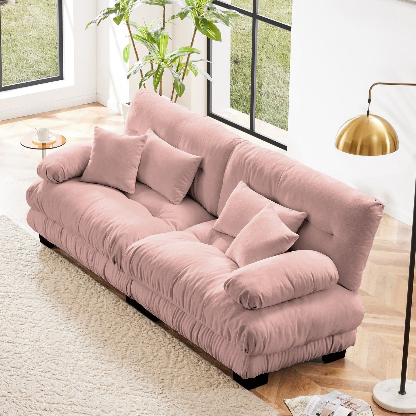NEW Chenille Pink Cloud 2 Seater Sofa Couch with 2 Lumbar Pillows and 2 Throw Pillows