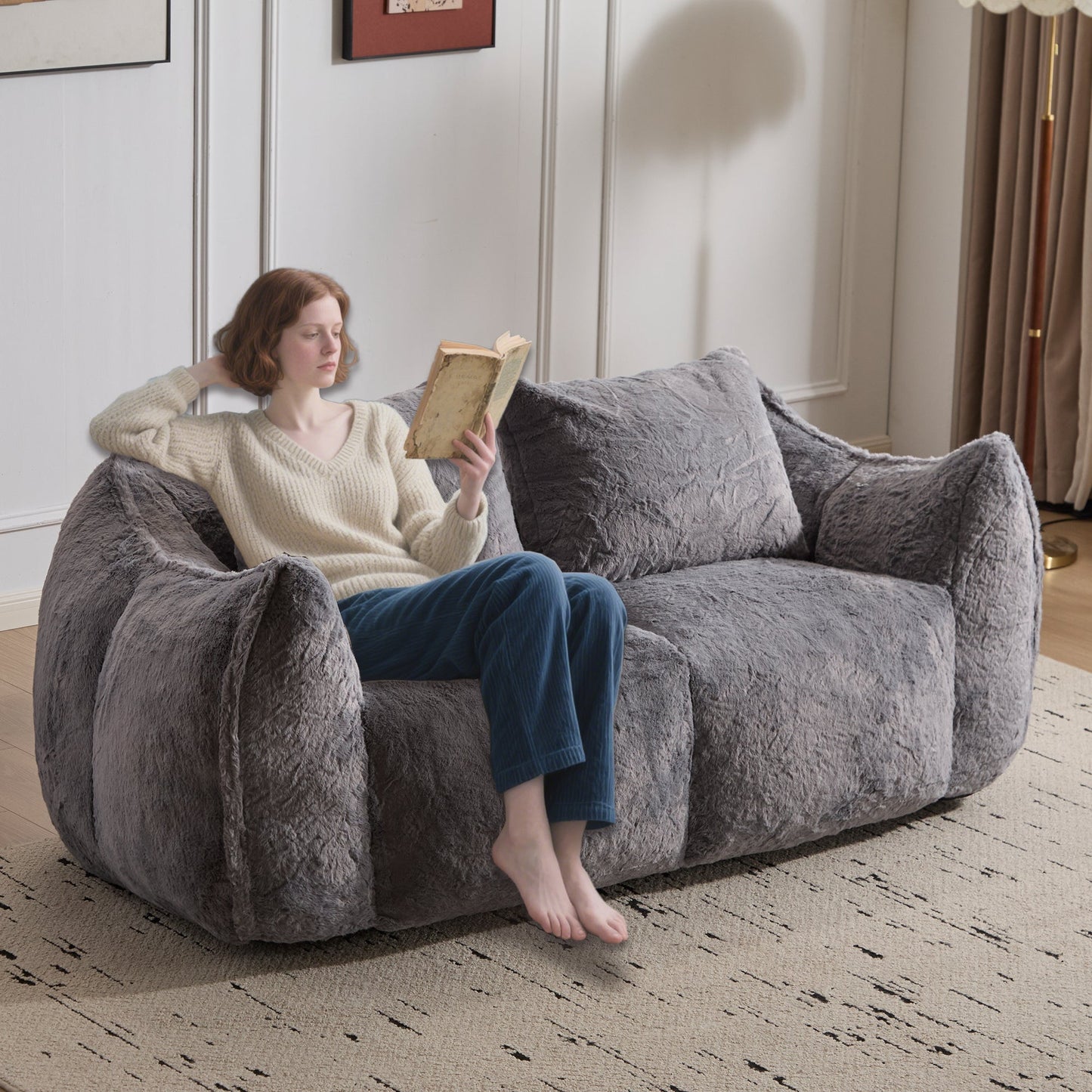 NEW Adult Ultra Soft Giant Fluffy Loveseat Bean Bag Couch Ultra Soft Fluffy Loveseat Bean Bag Sofa Reading Chair with Pillows