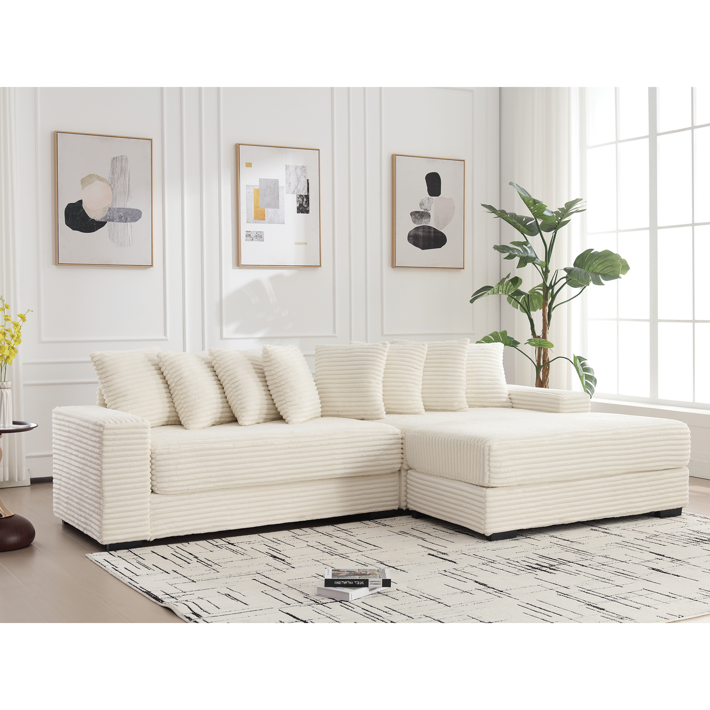 NEW Beige Corduroy Oversized Two-Piece L Shaped Sofa Couch (Right Chaise Daybed Corner with Armrests and Eight Throw Pillows